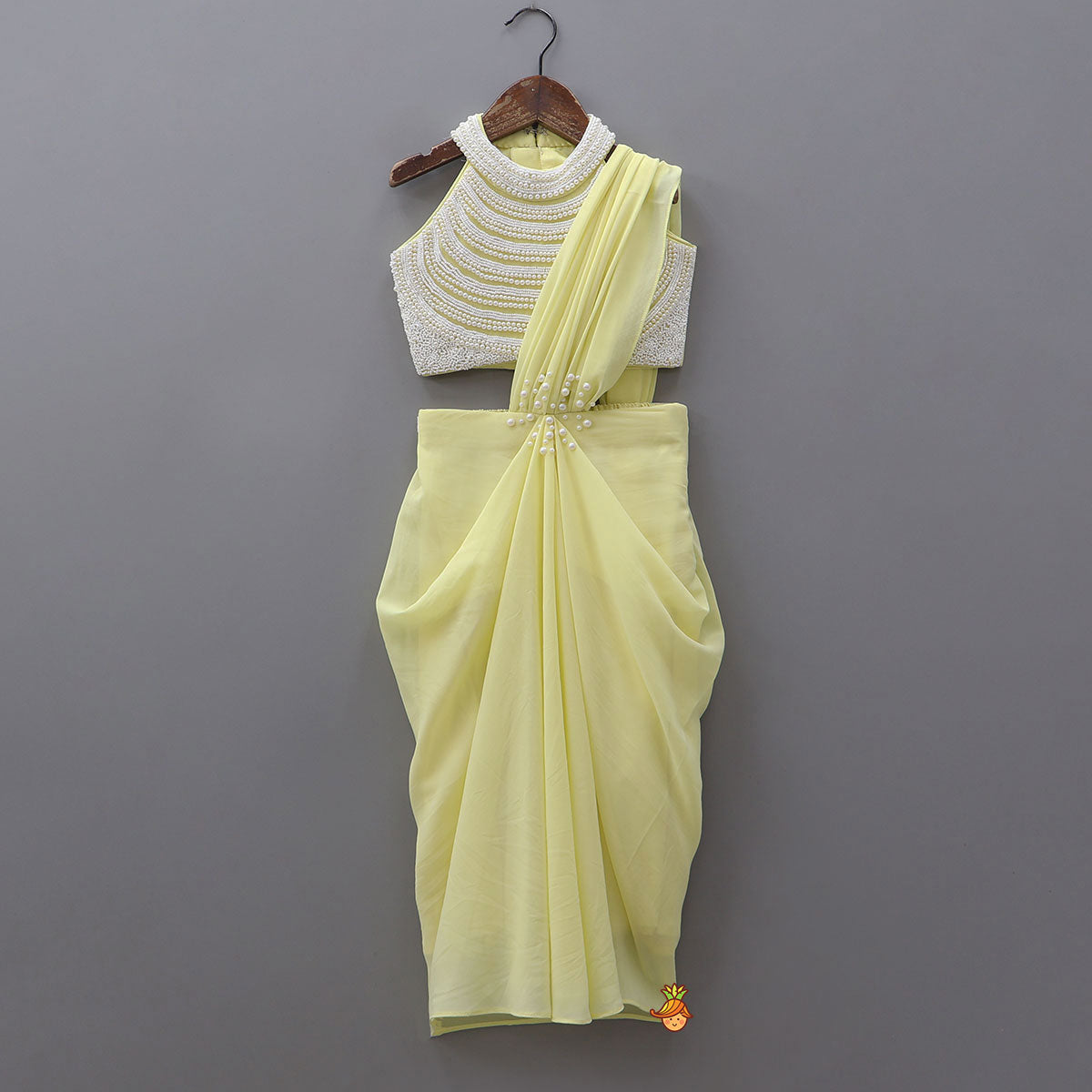Graceful Faux Pearl Embellished Pre Draped Saree