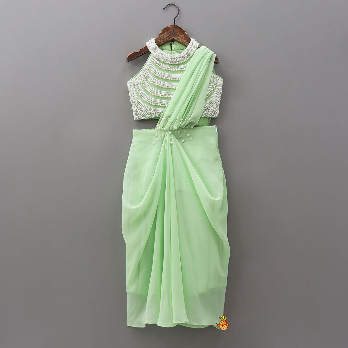 Beautiful Faux Pearl Embellished Pre Draped Saree