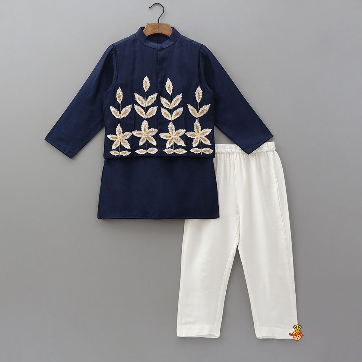 Silk Ethnic Kurta With Gota Leaf Work Jacket And Pyjama