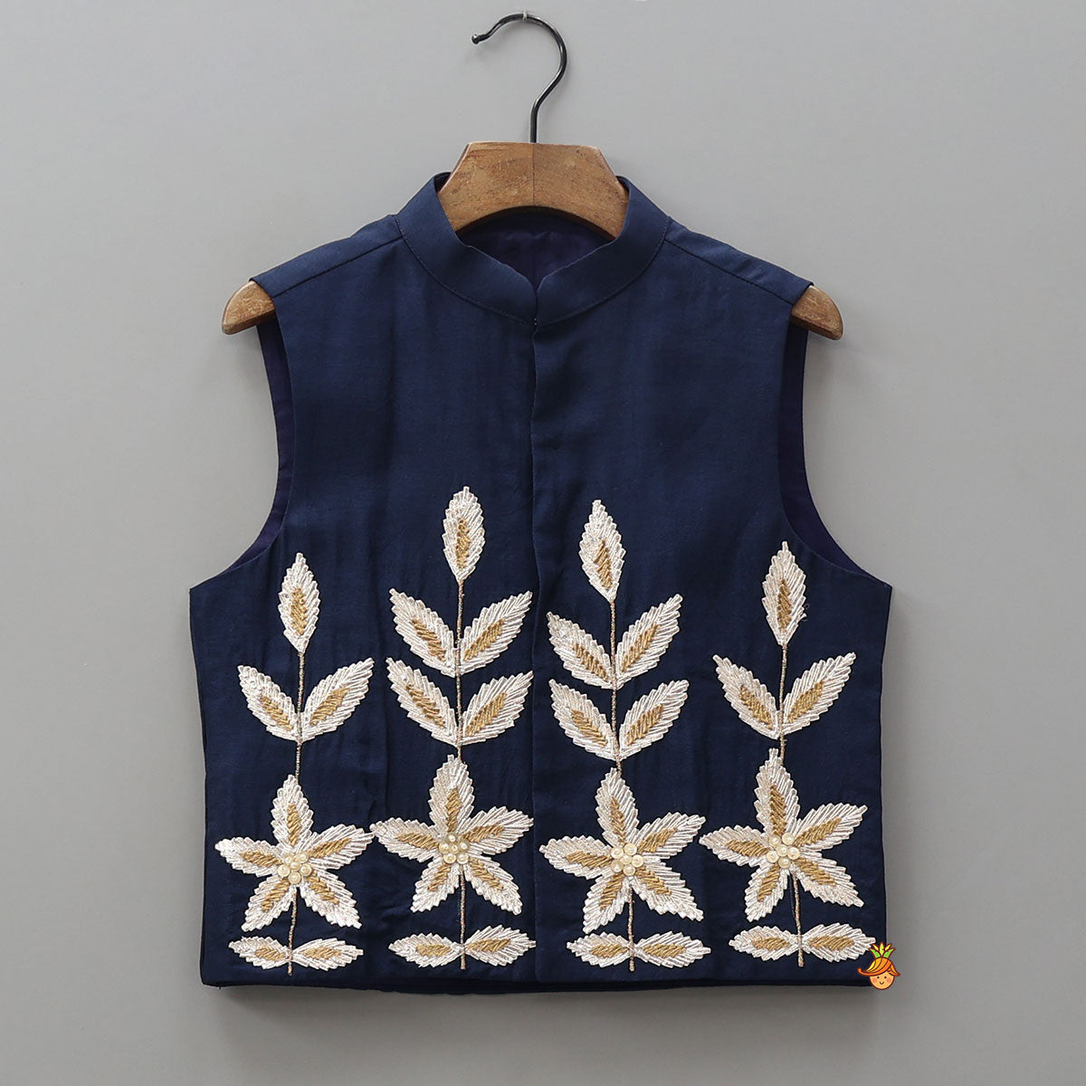 Silk Ethnic Kurta With Gota Leaf Work Jacket And Pyjama