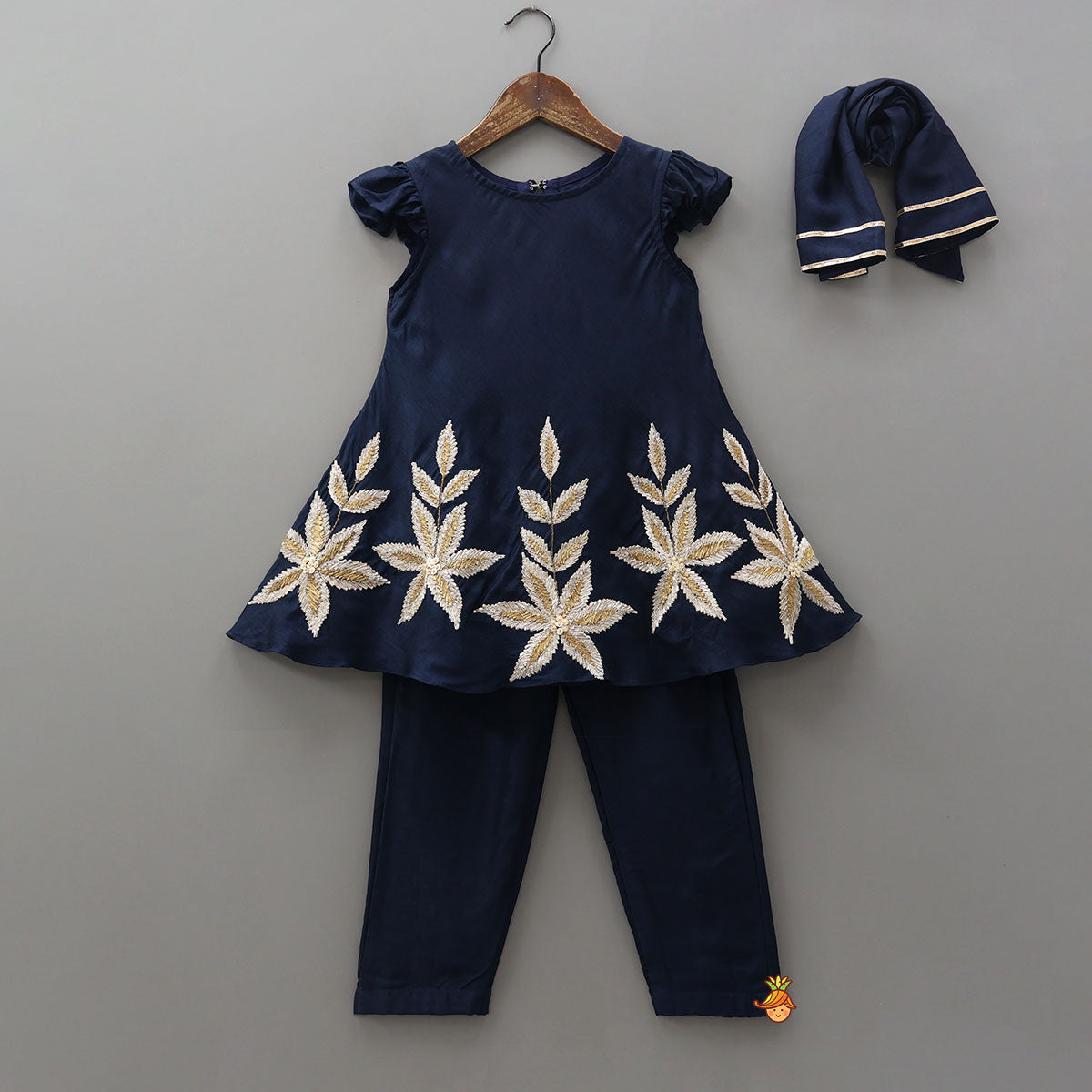Leaf Motif Embroidered Kurti And Pant With Matching Dupatta