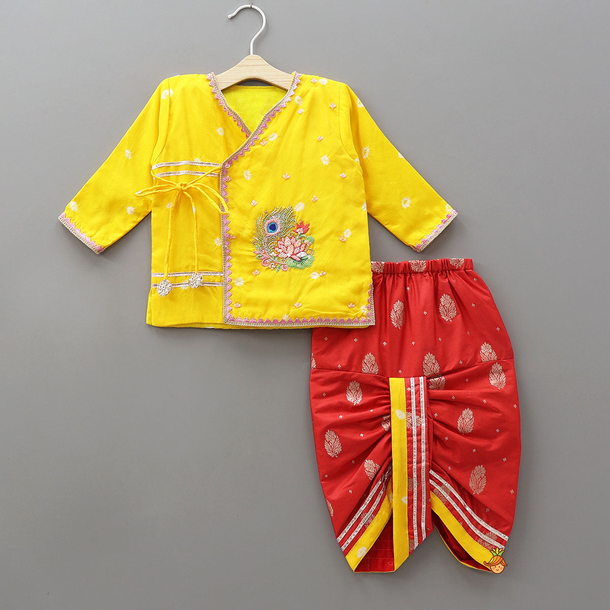 Silk Angarkha Style Kurta With Dhoti And Matching Mukut