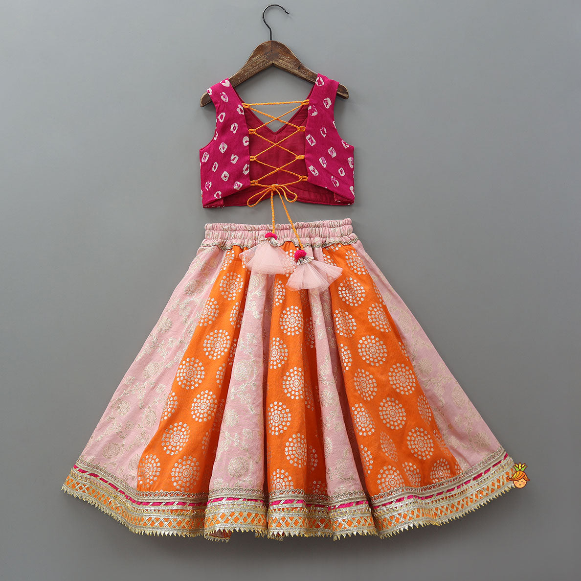 Criss-Cross Knot Tie-Up Crop Top And Lehenga With Sheen Dupatta