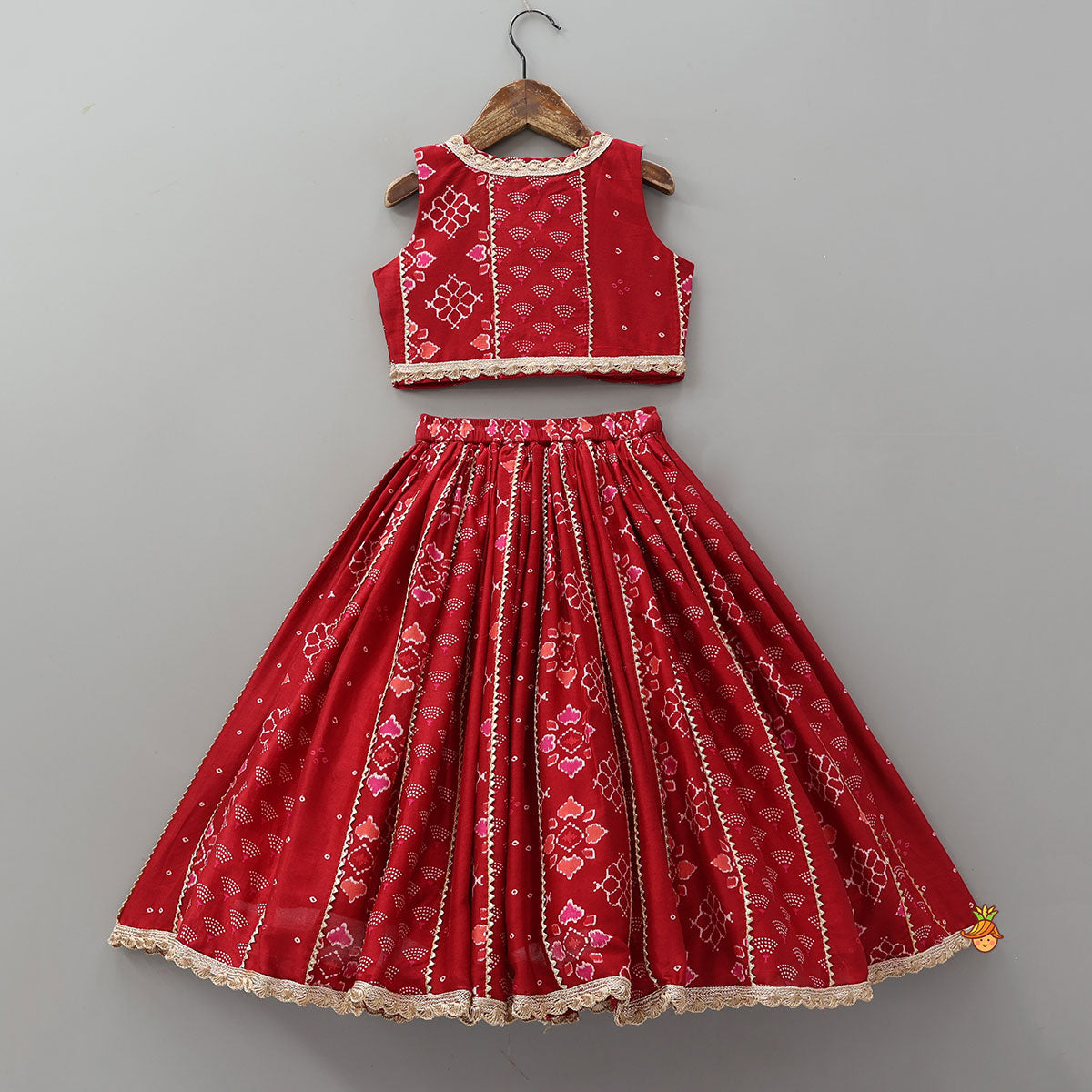 Printed Lace Work Chanderi Crop Top And Lehenga