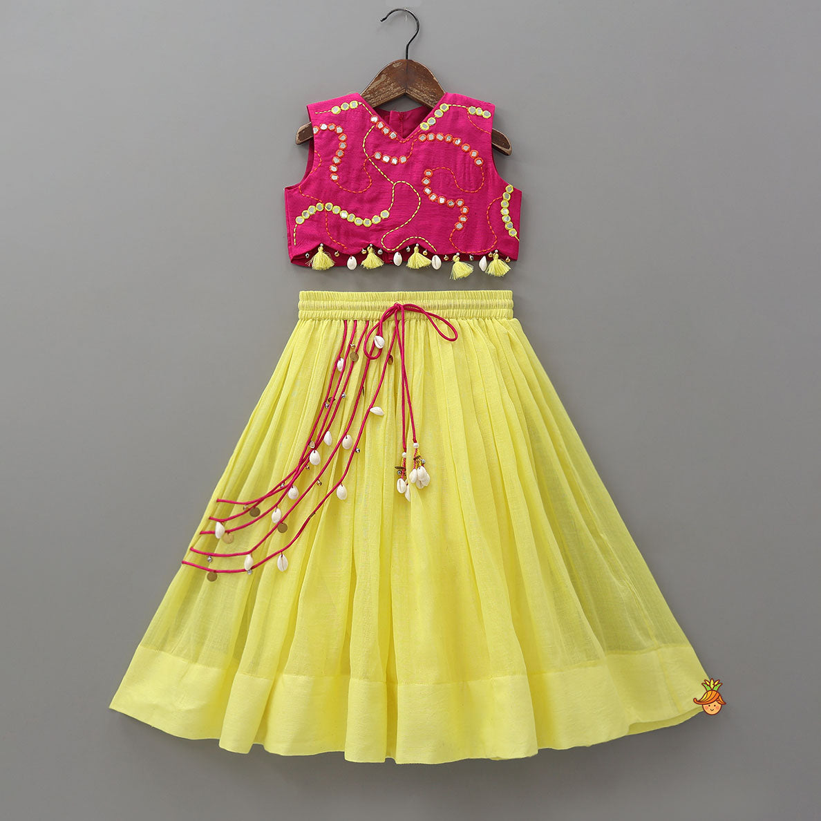 Faux Mirror Work Crop Top And Lehenga With Contrasting Bandhani Printed Dupatta