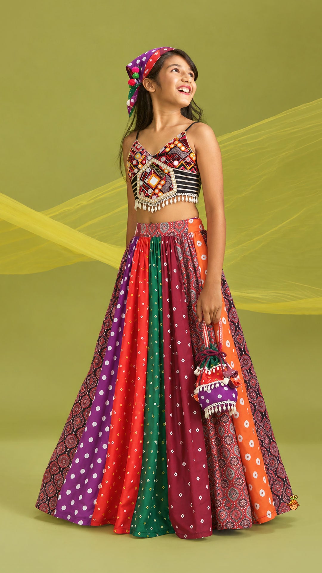 Strappy Mirror Embroidered Top With Lehenga And Bandana With Potli Bag