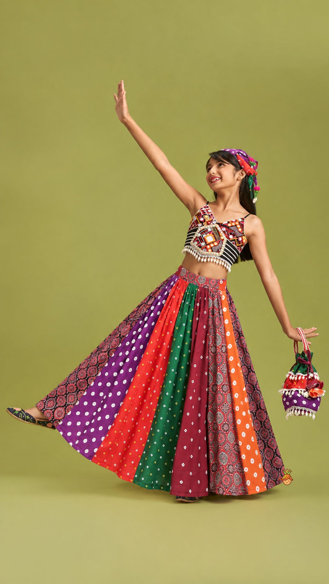 Strappy Mirror Embroidered Top With Lehenga And Bandana With Potli Bag