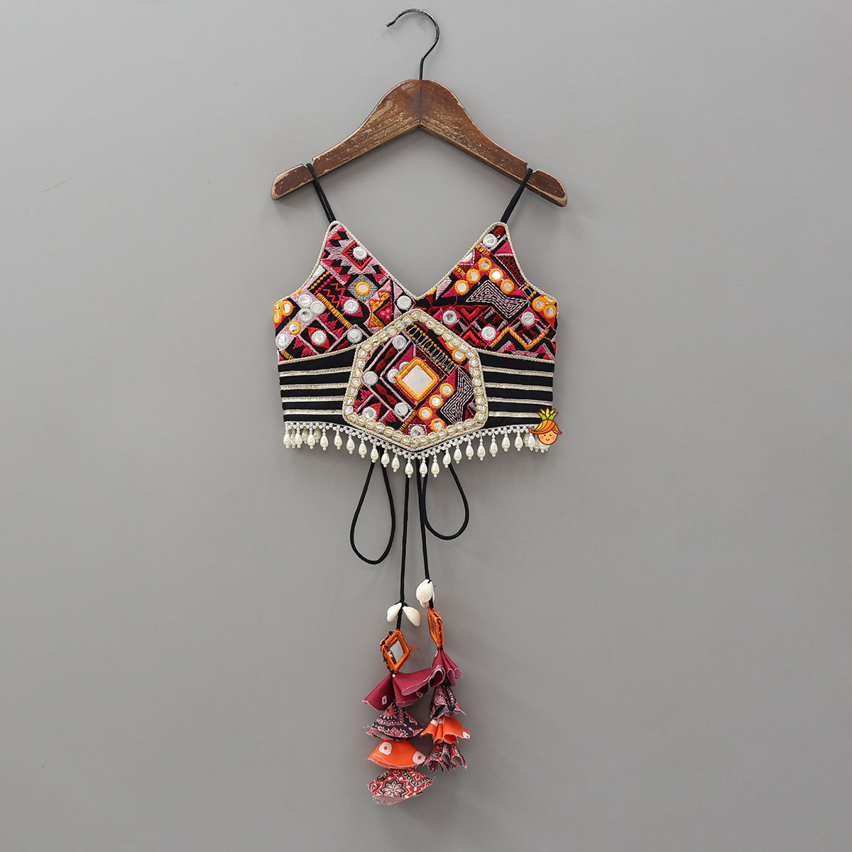 Strappy Mirror Embroidered Top With Lehenga And Bandana With Potli Bag