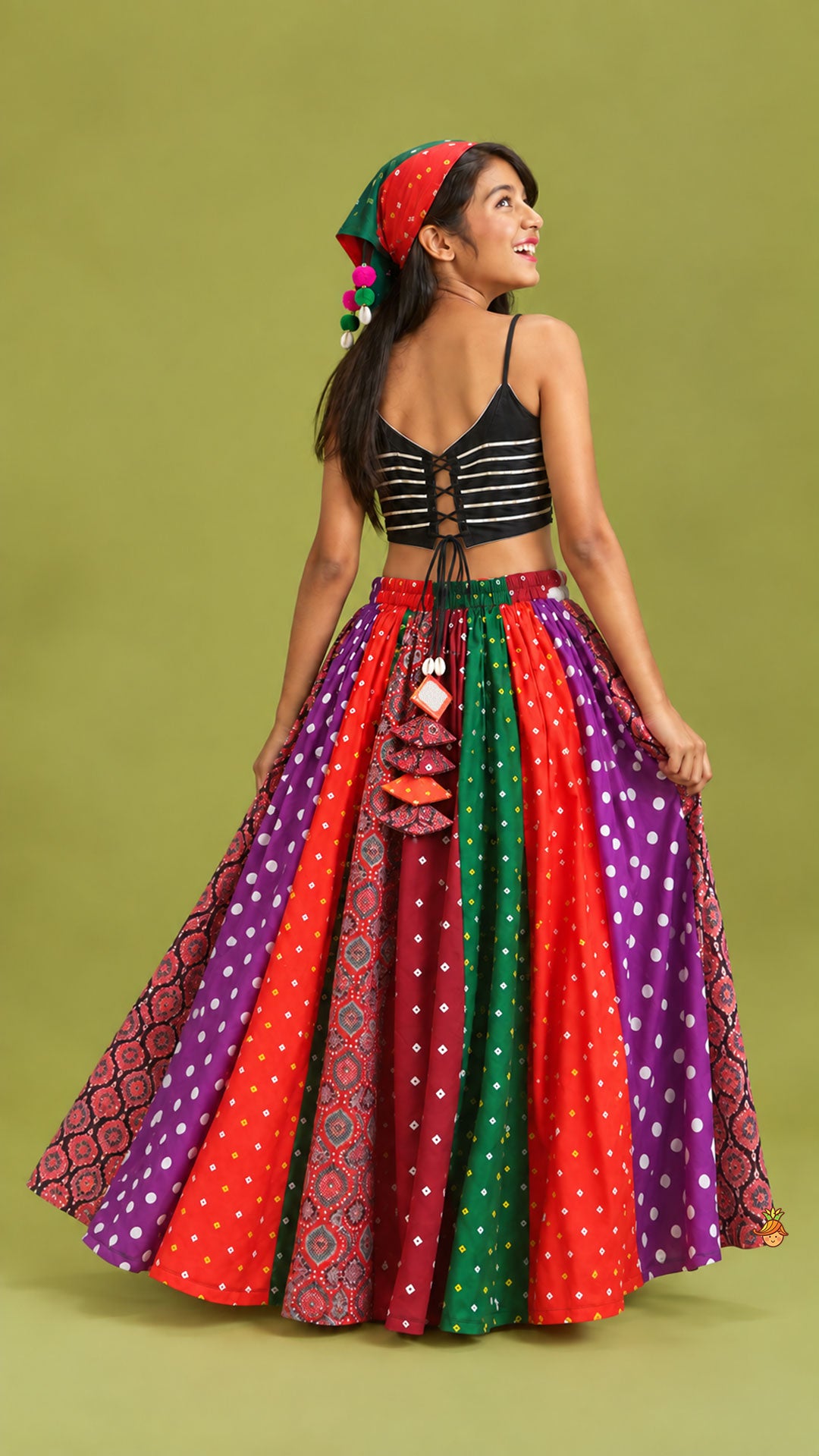 Strappy Mirror Embroidered Top With Lehenga And Bandana With Potli Bag