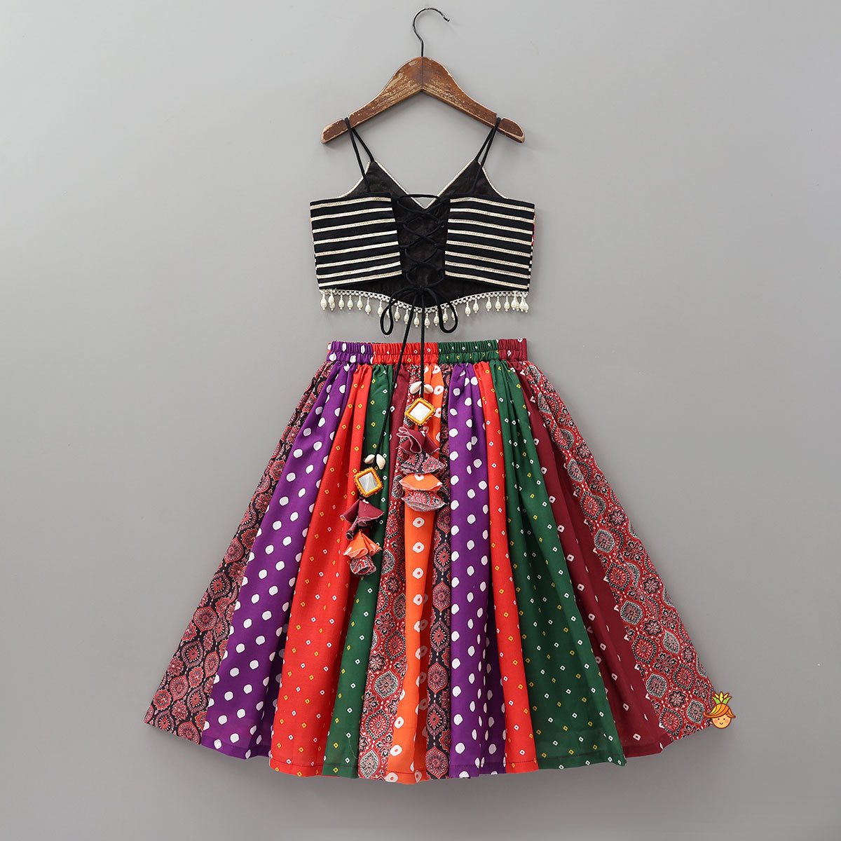 Strappy Mirror Embroidered Top With Lehenga And Bandana With Potli Bag
