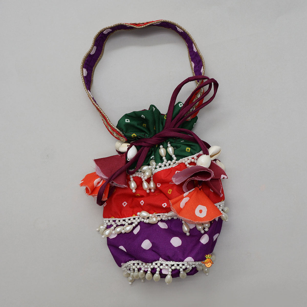 Strappy Mirror Embroidered Top With Lehenga And Bandana With Potli Bag