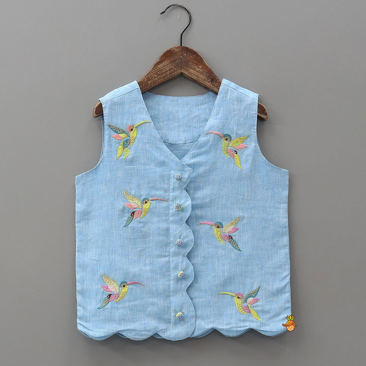 Bird Motif Embroidered Top And Scalloped Palazzo