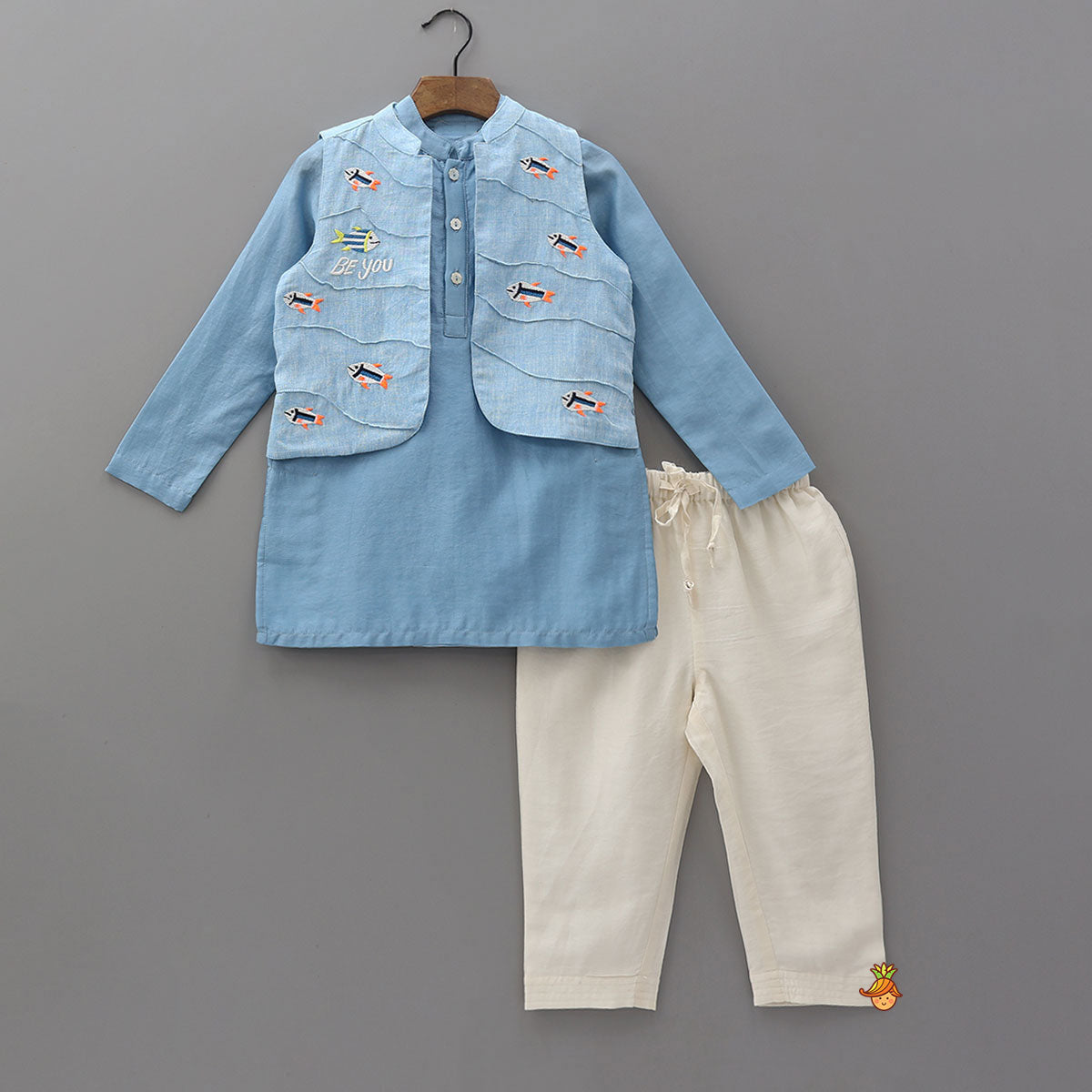 Ethnic Kurta With Fish Motif Embroidered Jacket And Pyjama
