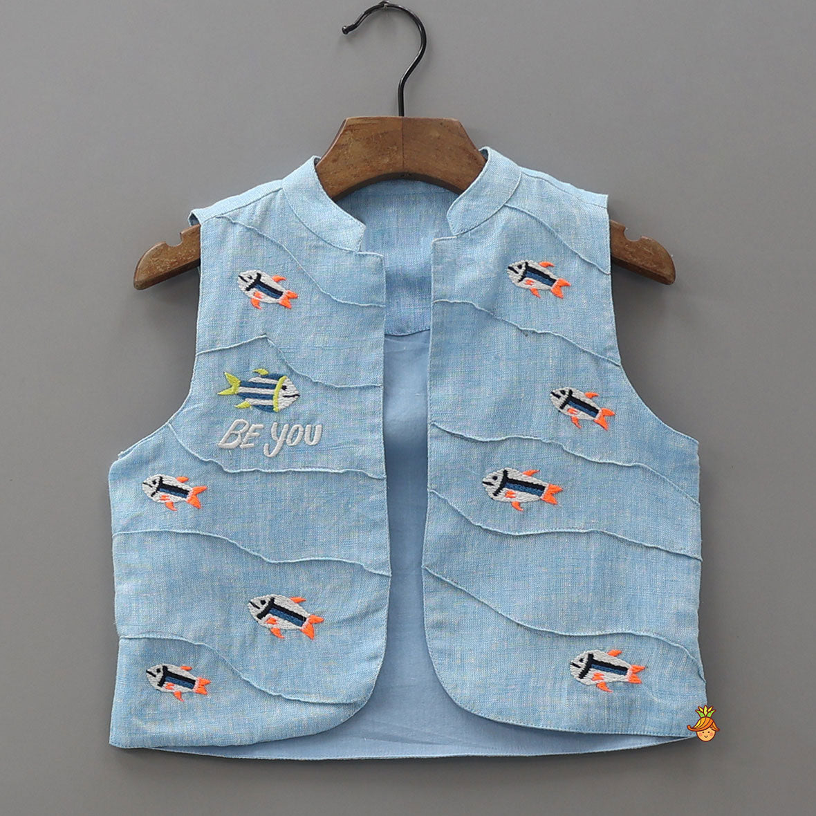 Ethnic Kurta With Fish Motif Embroidered Jacket And Pyjama