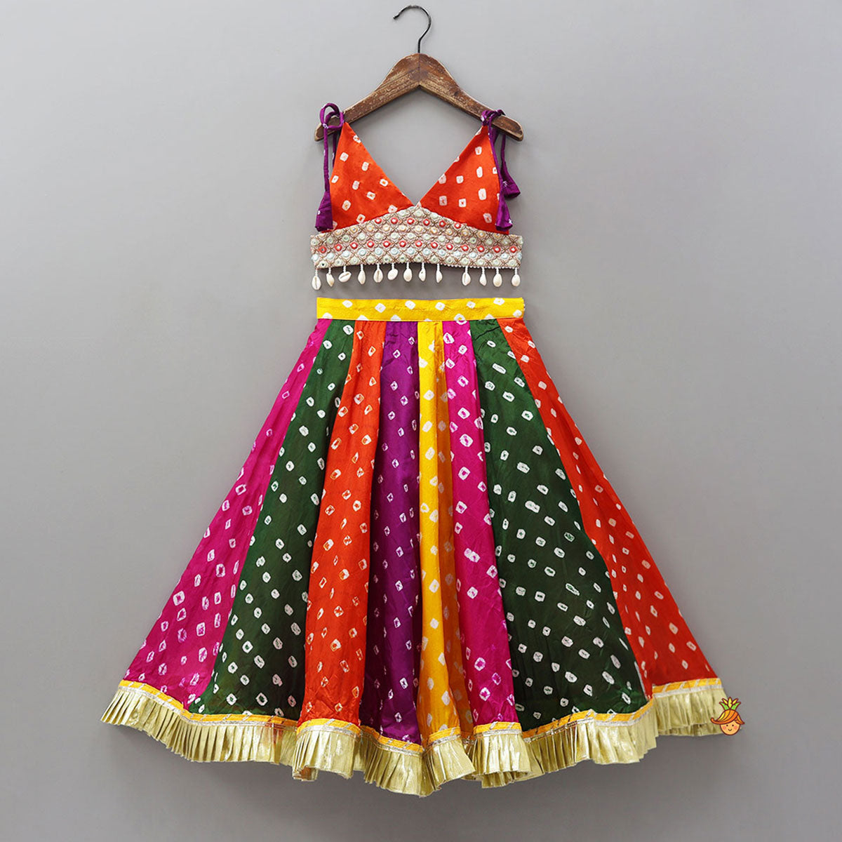 Bandhani Printed Tie-Up Strap Crop Top And Lehenga With Bandhana And Mirror Hair Clip
