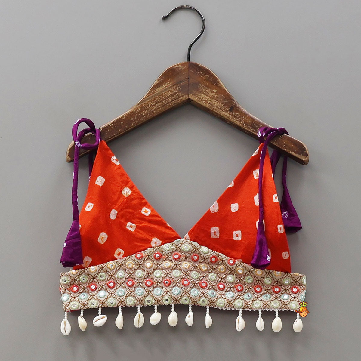 Bandhani Printed Tie-Up Strap Crop Top And Lehenga With Bandhana And Mirror Hair Clip