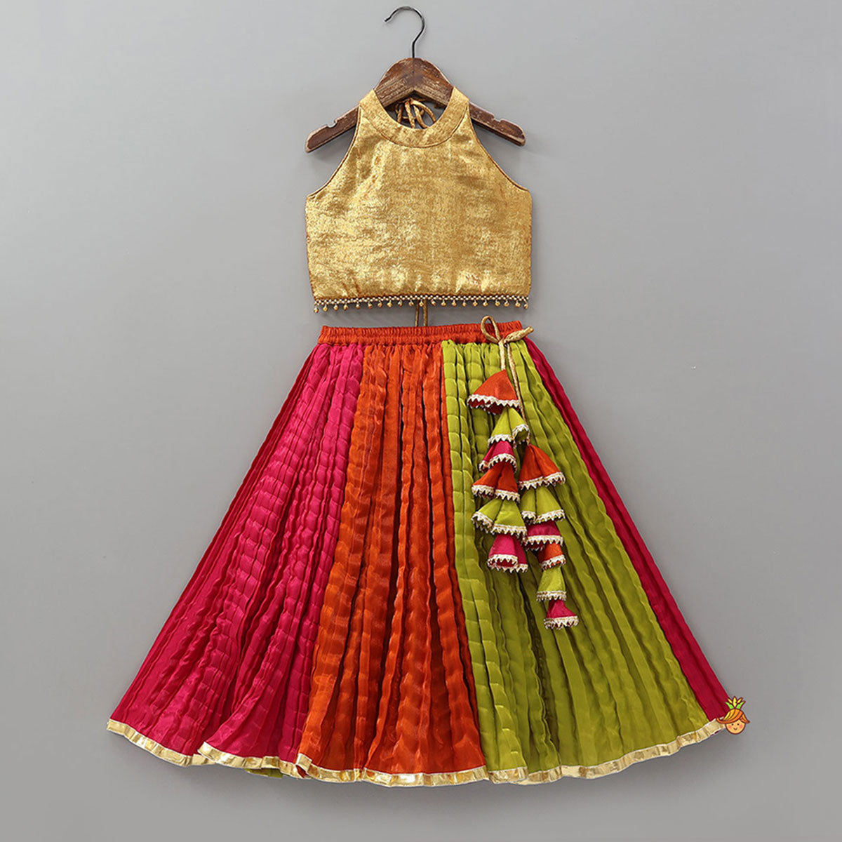 Sheen Finish Halter Neck Crop Top With Crushed Lehenga