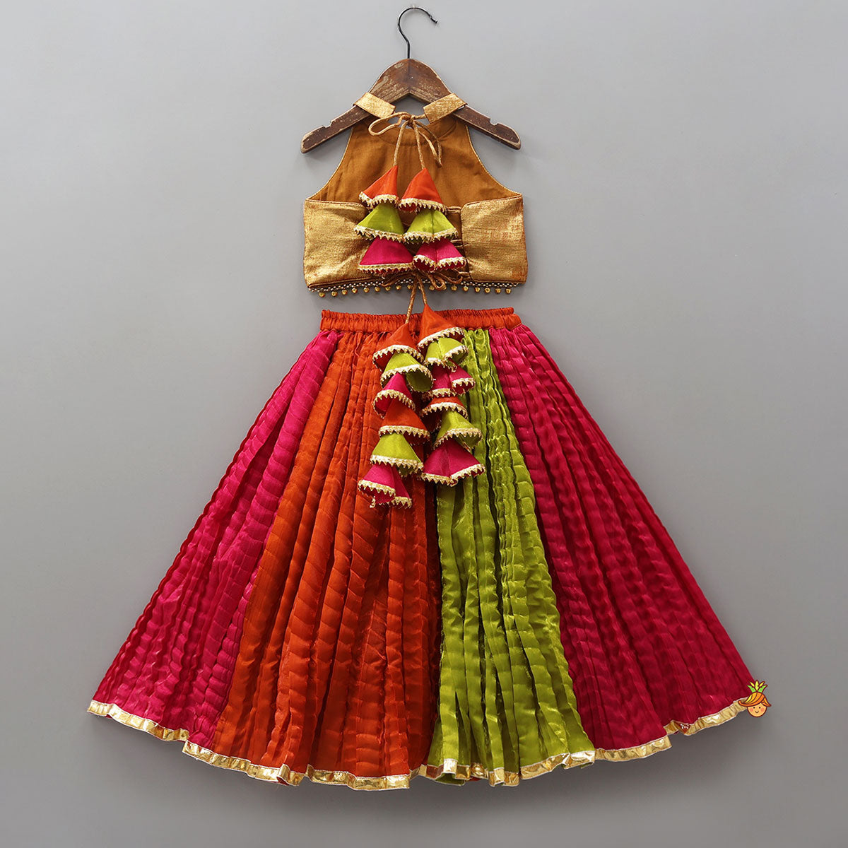 Sheen Finish Halter Neck Crop Top With Crushed Lehenga