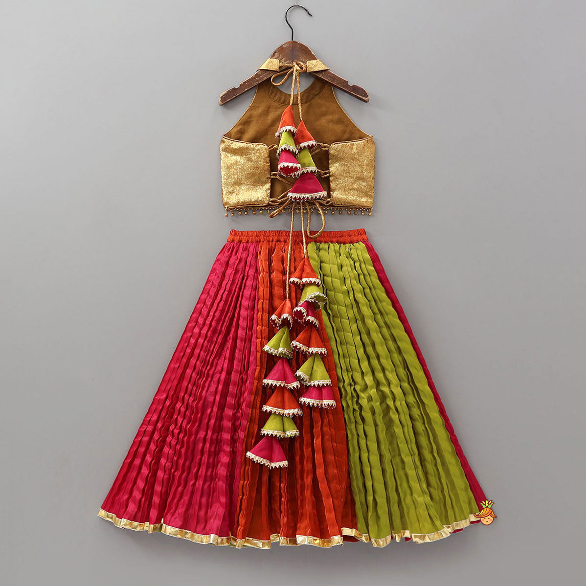 Sheen Finish Halter Neck Crop Top With Crushed Lehenga