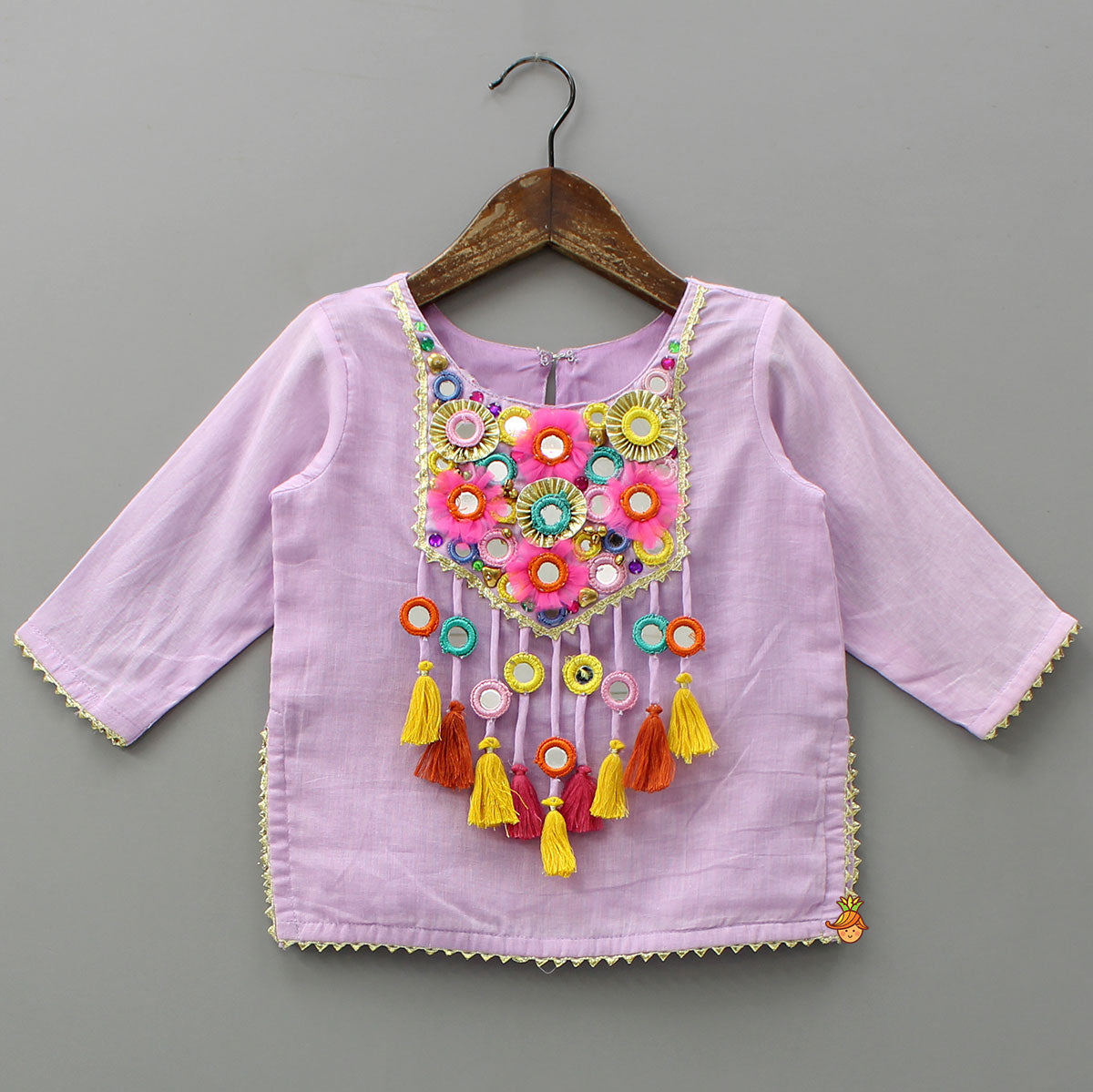 Mirror And Tassel Detailed Kurti With Tiered Sharara And Dupatta
