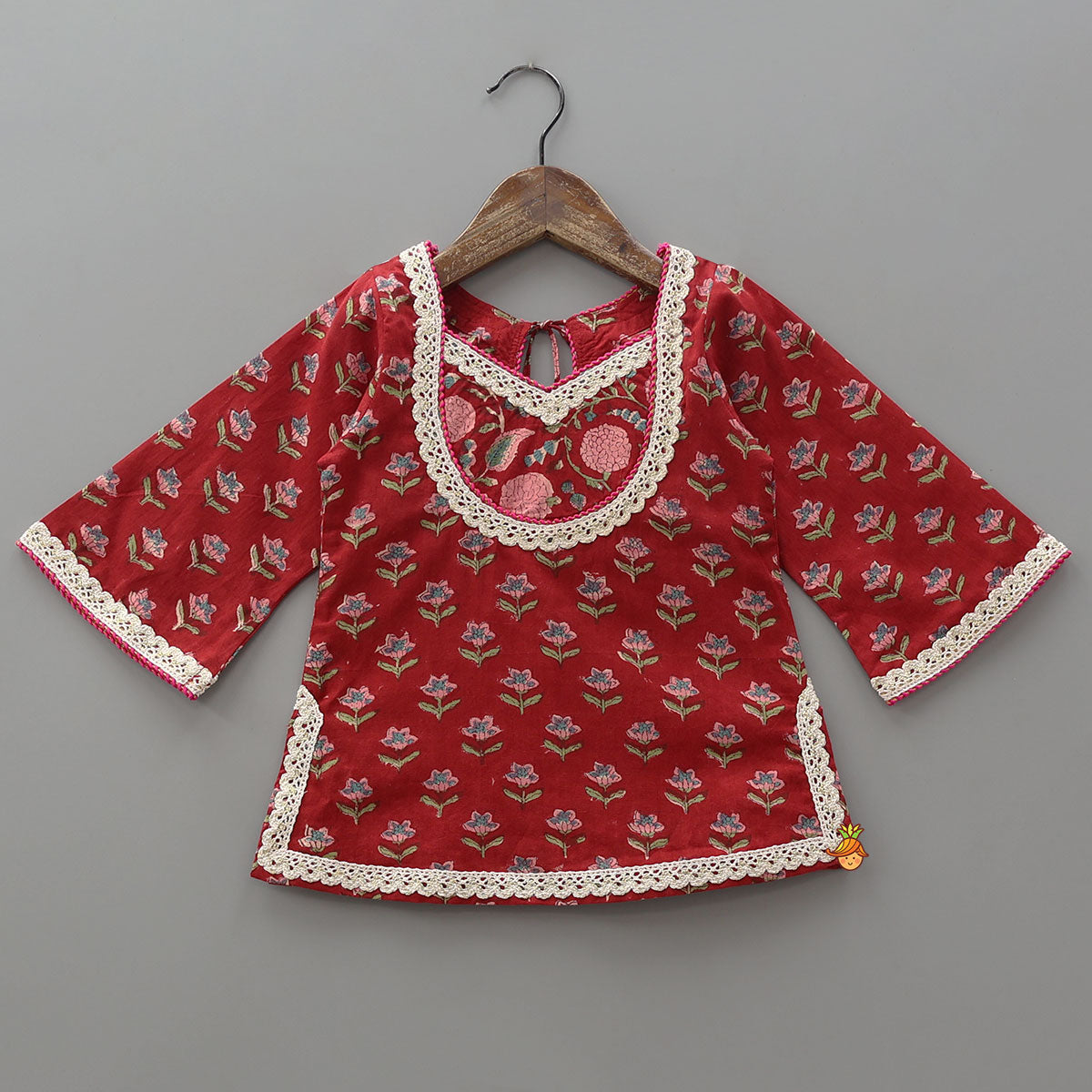 Lace Work Cotton Kurti With Flared Lehenga And Lurex Striped Dupatta