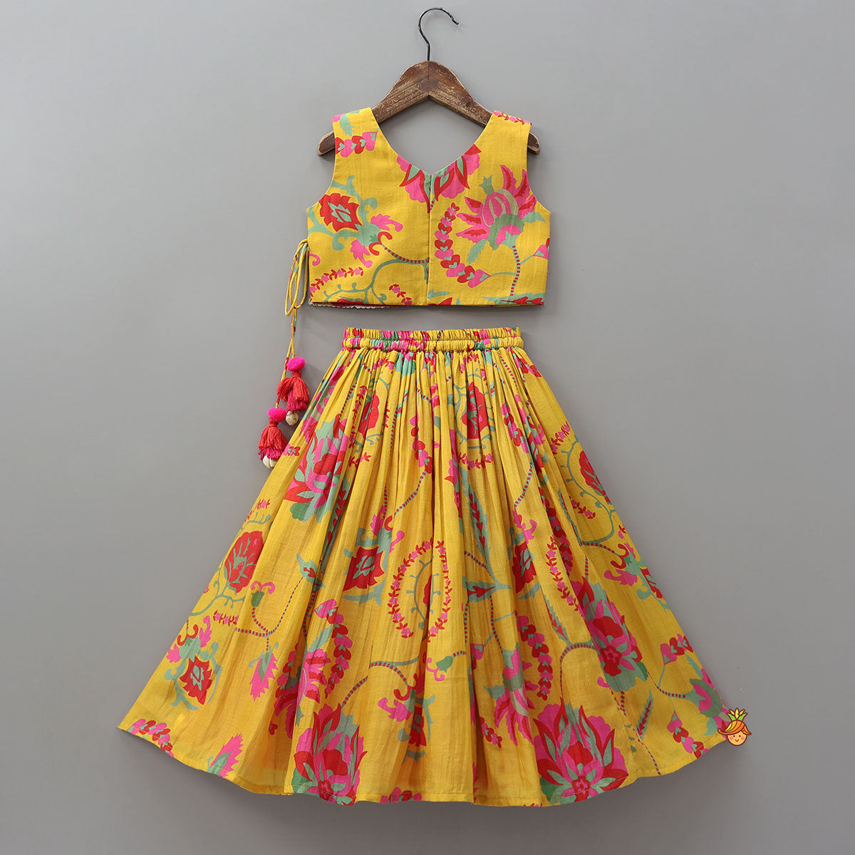 Floral Printed Angrakha Style Crop Top With Layered Lehenga