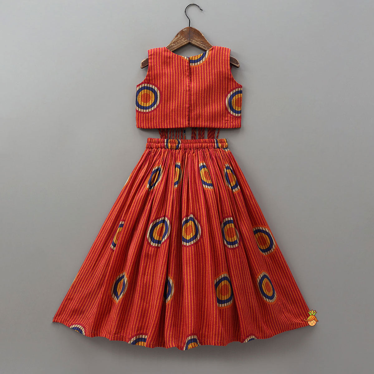 Fringes Adorned Striped Crop Top With Printed Lehenga