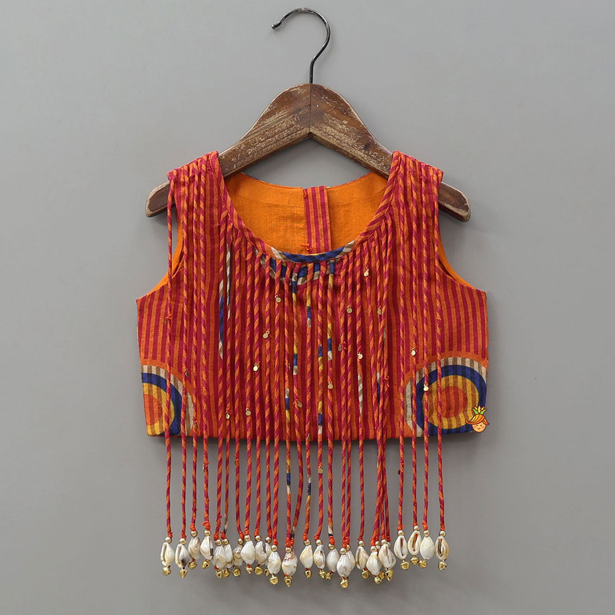 Fringes Adorned Striped Crop Top With Printed Lehenga