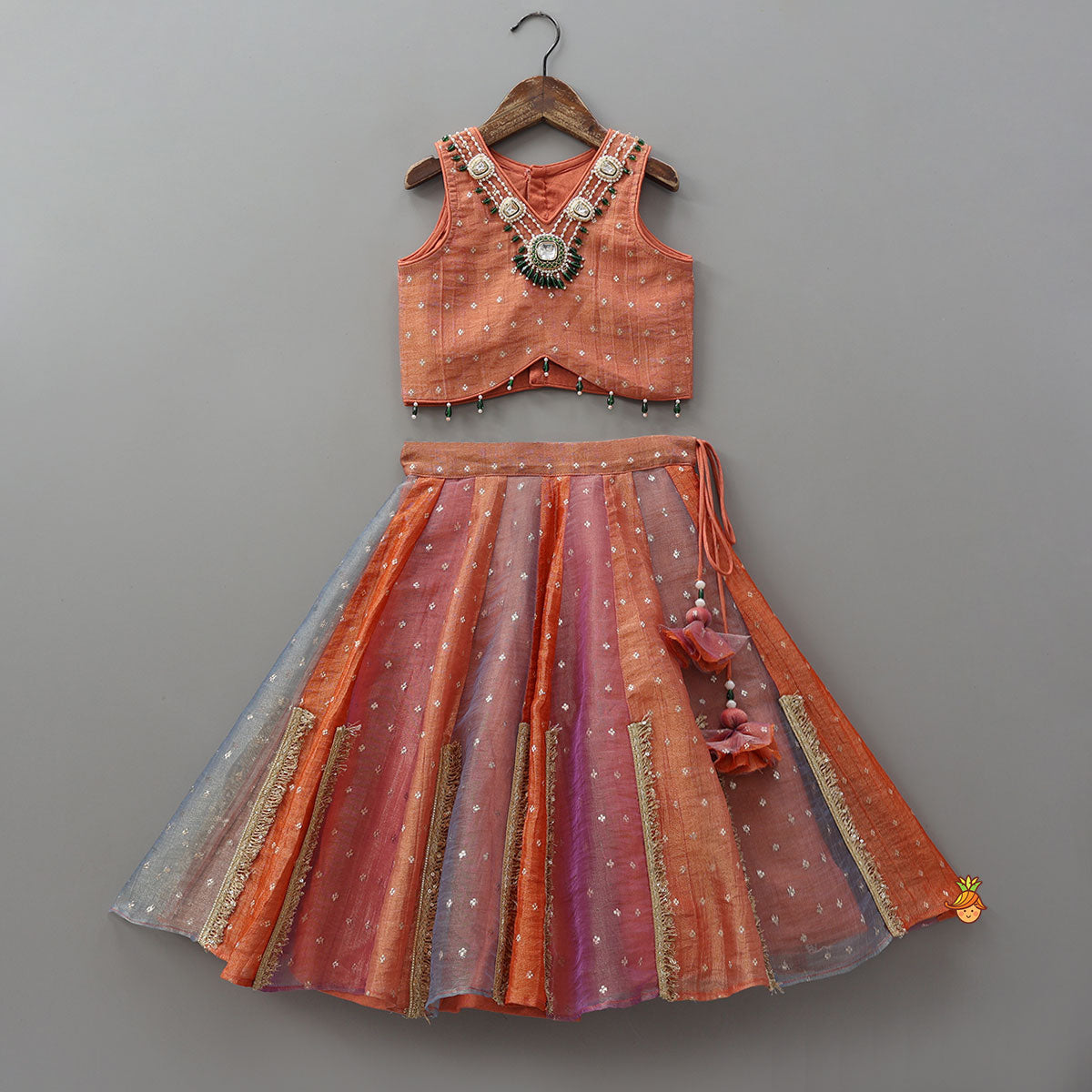Statement Beaded Top And Lace Detailed Panelled Lehenga With Dupatta And Matching Potli Bag