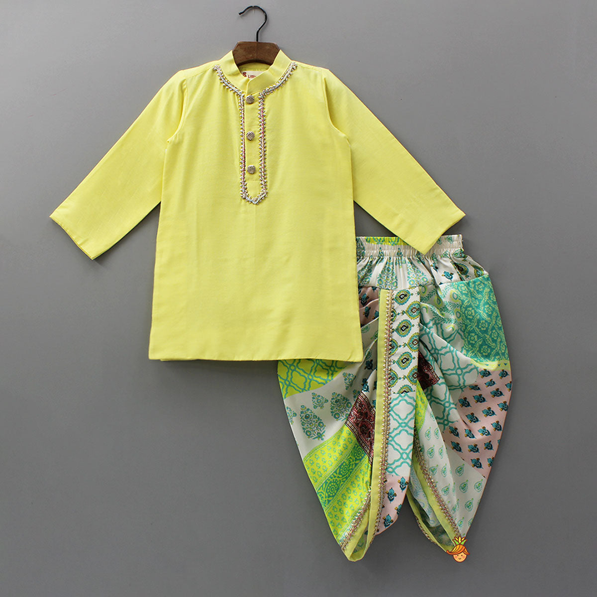 Gota Lace Front Placket Kurta And Printed Dhoti