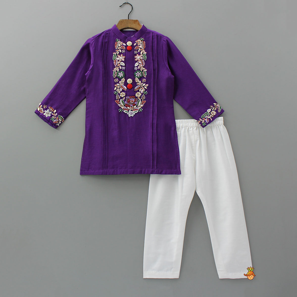 Multicolour Beads And Sequins Floral Embroidery Kurta With Pyjama
