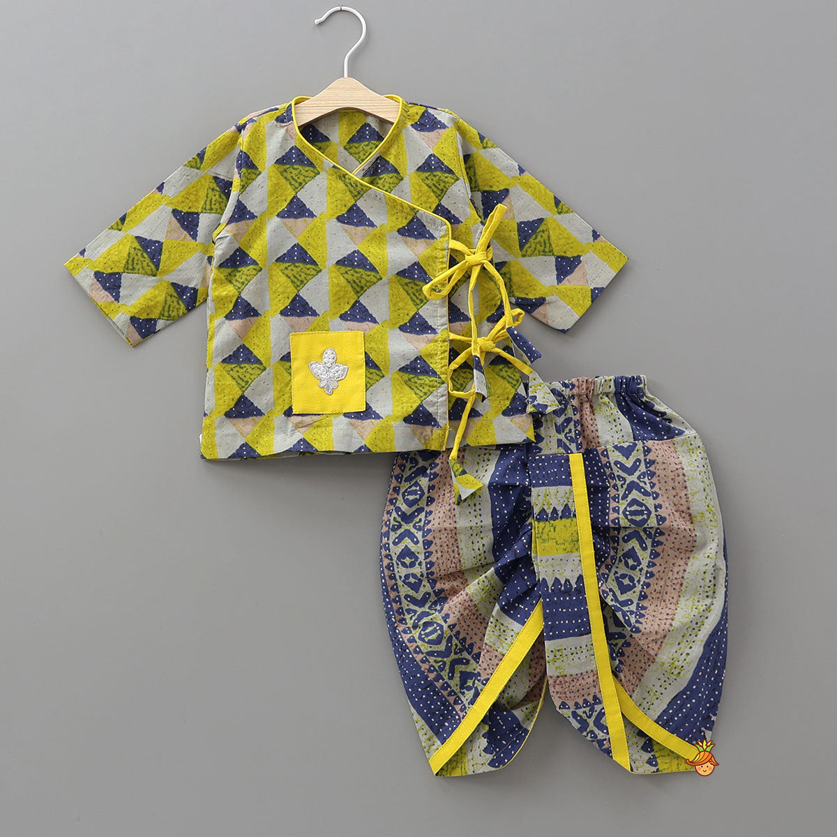 Geometric Print Angrakha Kurta And Dhoti With Matching Cap And Booties