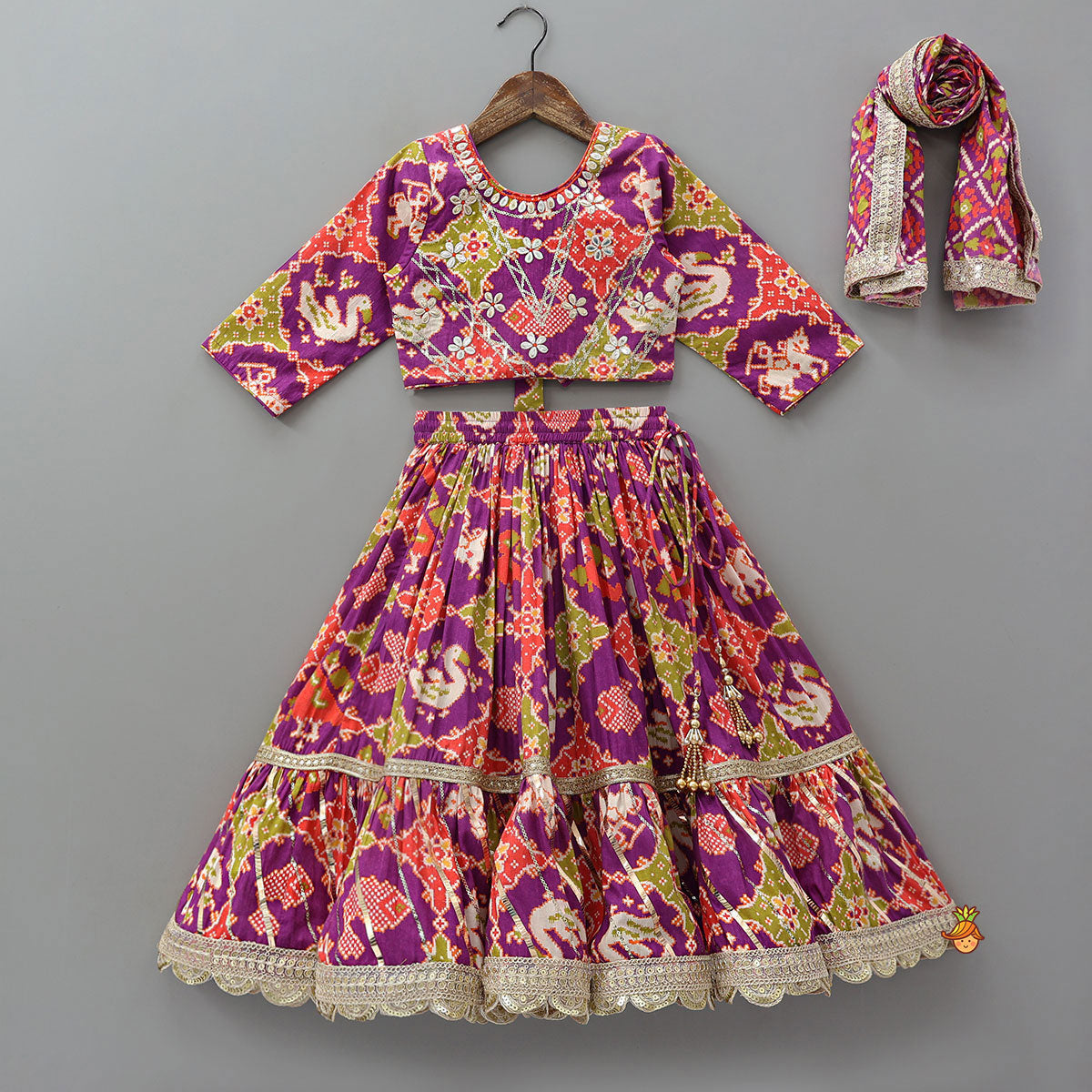 Patola Inspired Printed Crop Top With Flared Lehenga And Dupatta