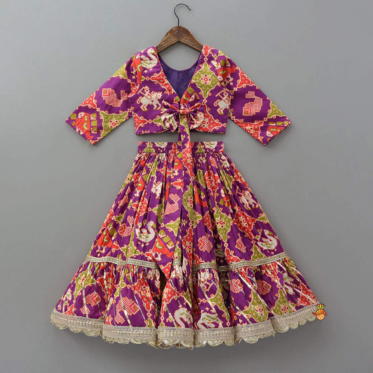 Patola Inspired Printed Crop Top With Flared Lehenga And Dupatta