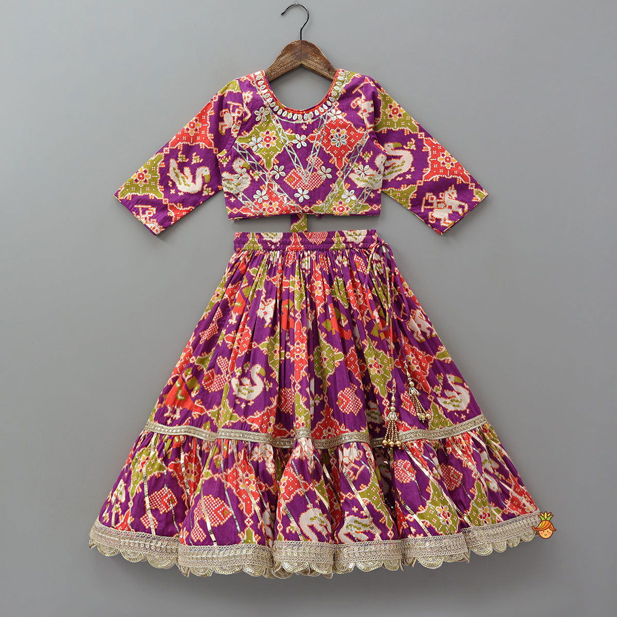 Patola Inspired Printed Crop Top With Flared Lehenga And Dupatta