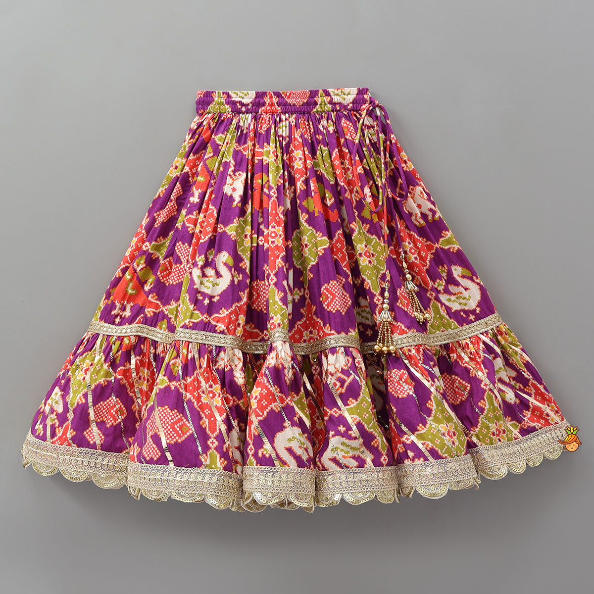 Patola Inspired Printed Crop Top With Flared Lehenga And Dupatta