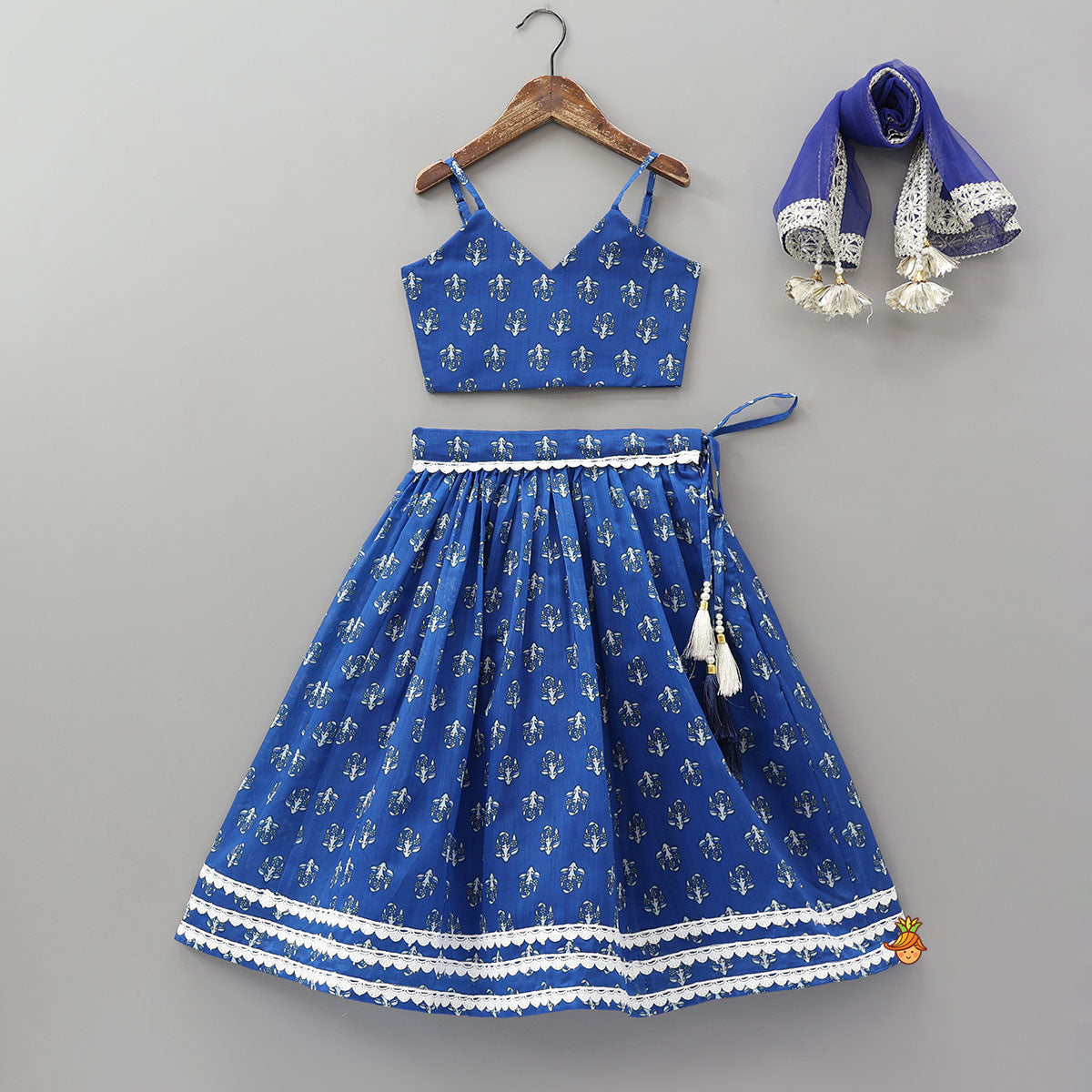 Adjustable Strappy Crop Top And Lehenga With Dupatta