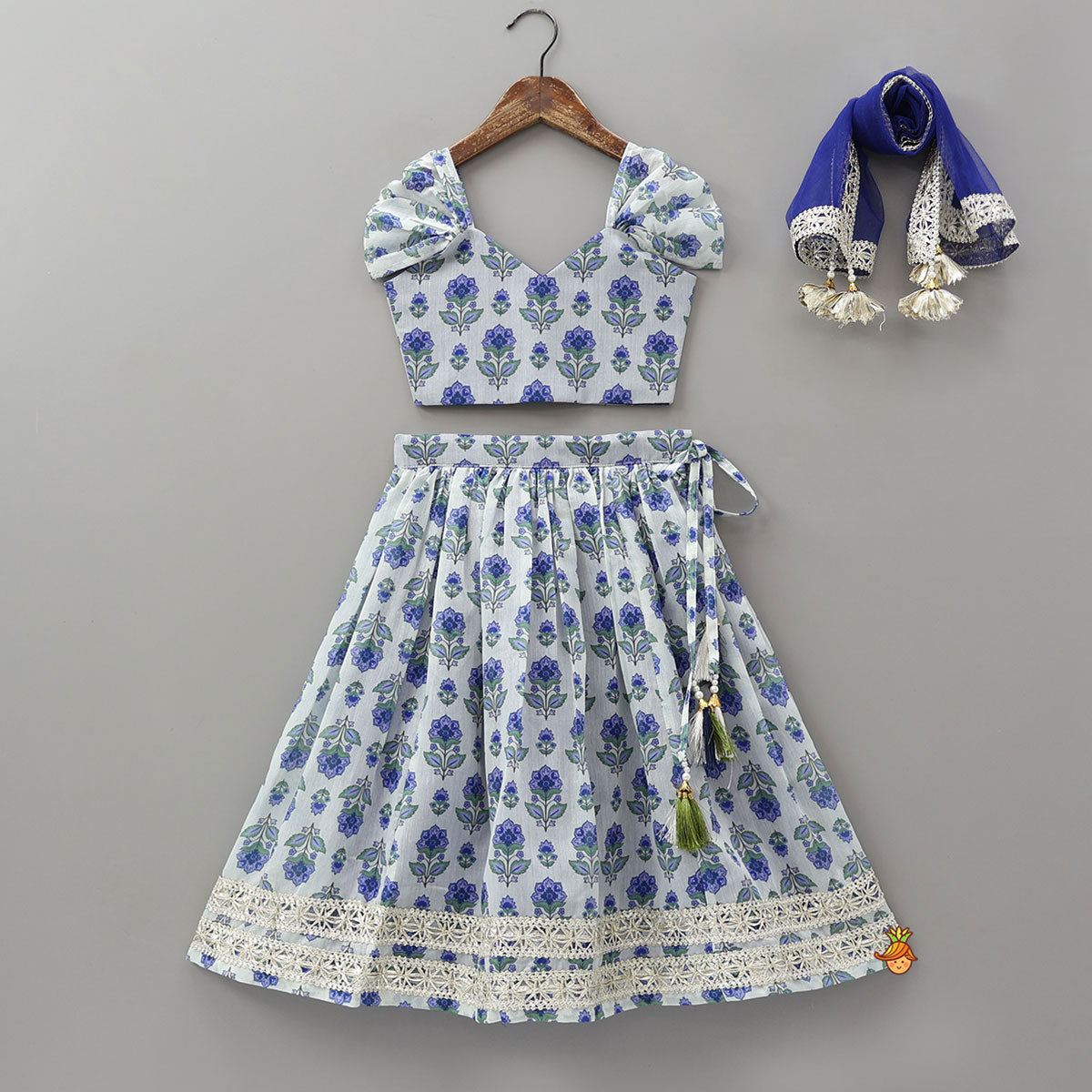 Floral Printed Crop Top And Lehenga With Dupatta