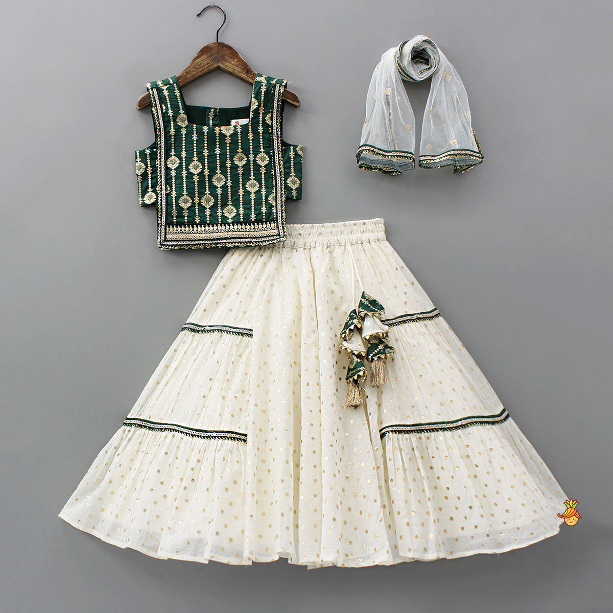 Foil Printed Corset Top With Tiered Lehenga And Dupatta