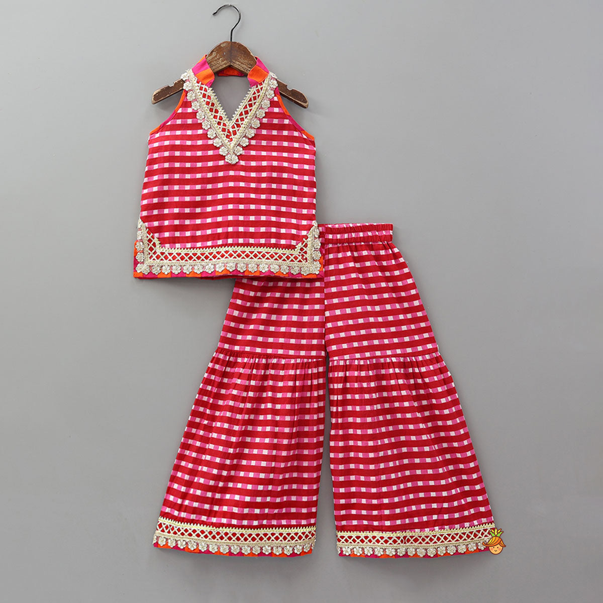 Checkered Lace Detailed Kurti And Flared Palazzo