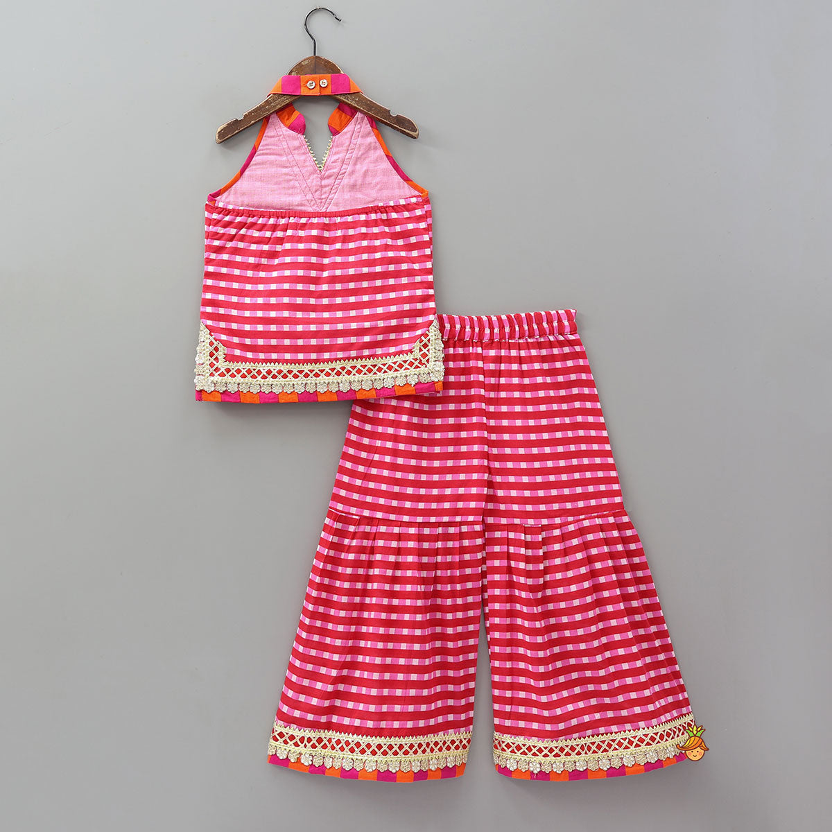 Checkered Lace Detailed Kurti And Flared Sharara With Dupatta