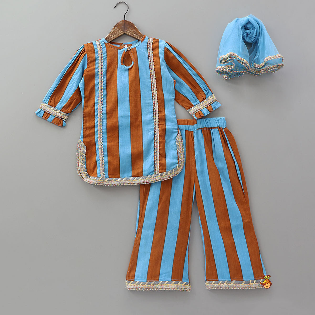 Dual Tone Striped Kurti And Palazzo With Dupatta