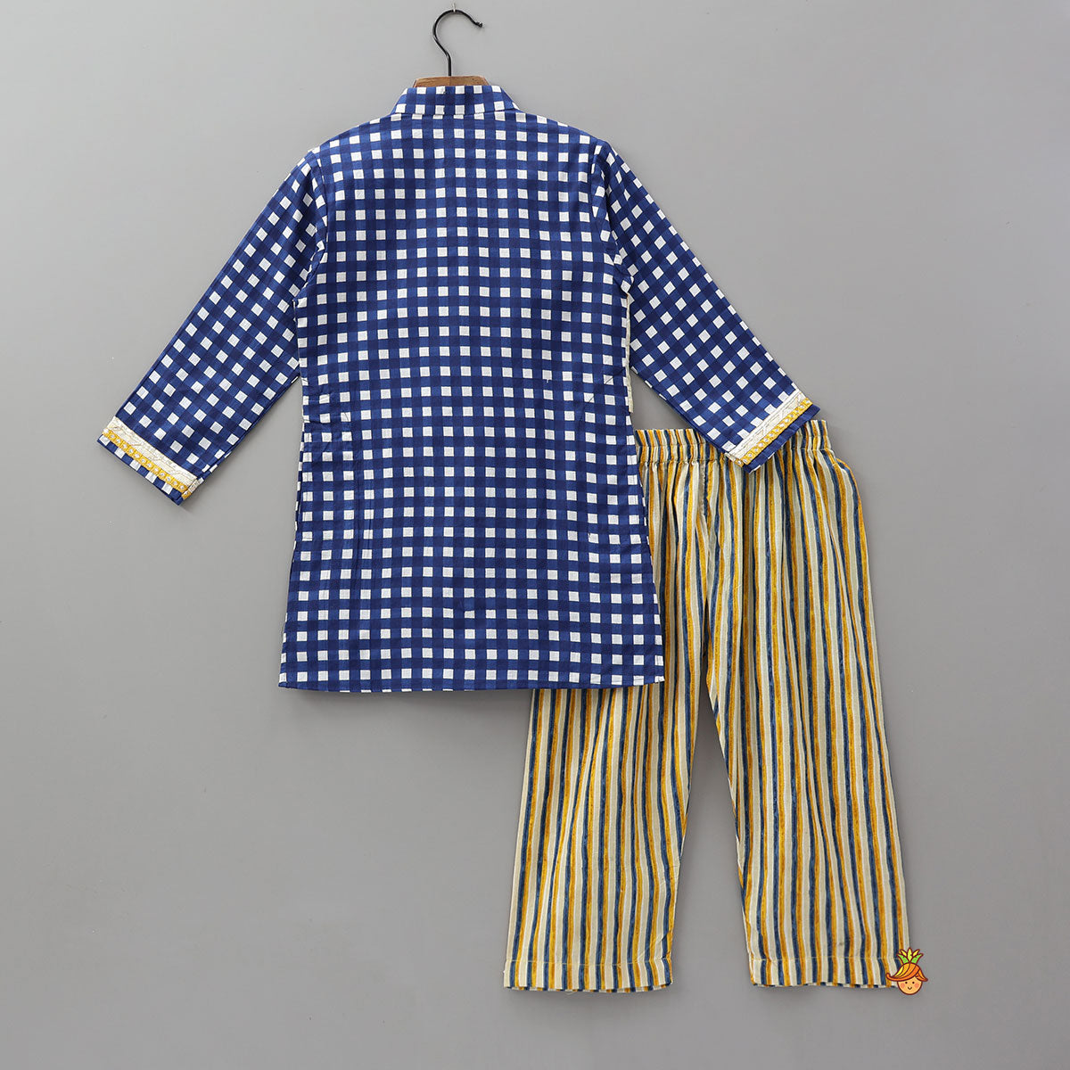 Striped Faux Jacket Style Checked Kurta And Pyjama