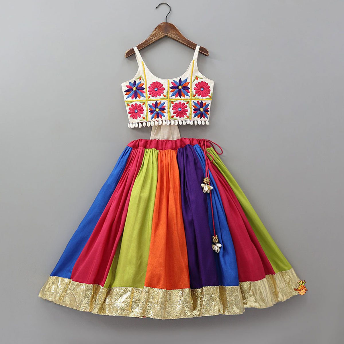 Floral Embroidered Top With Flared Panelled Lehenga And Potli Bag