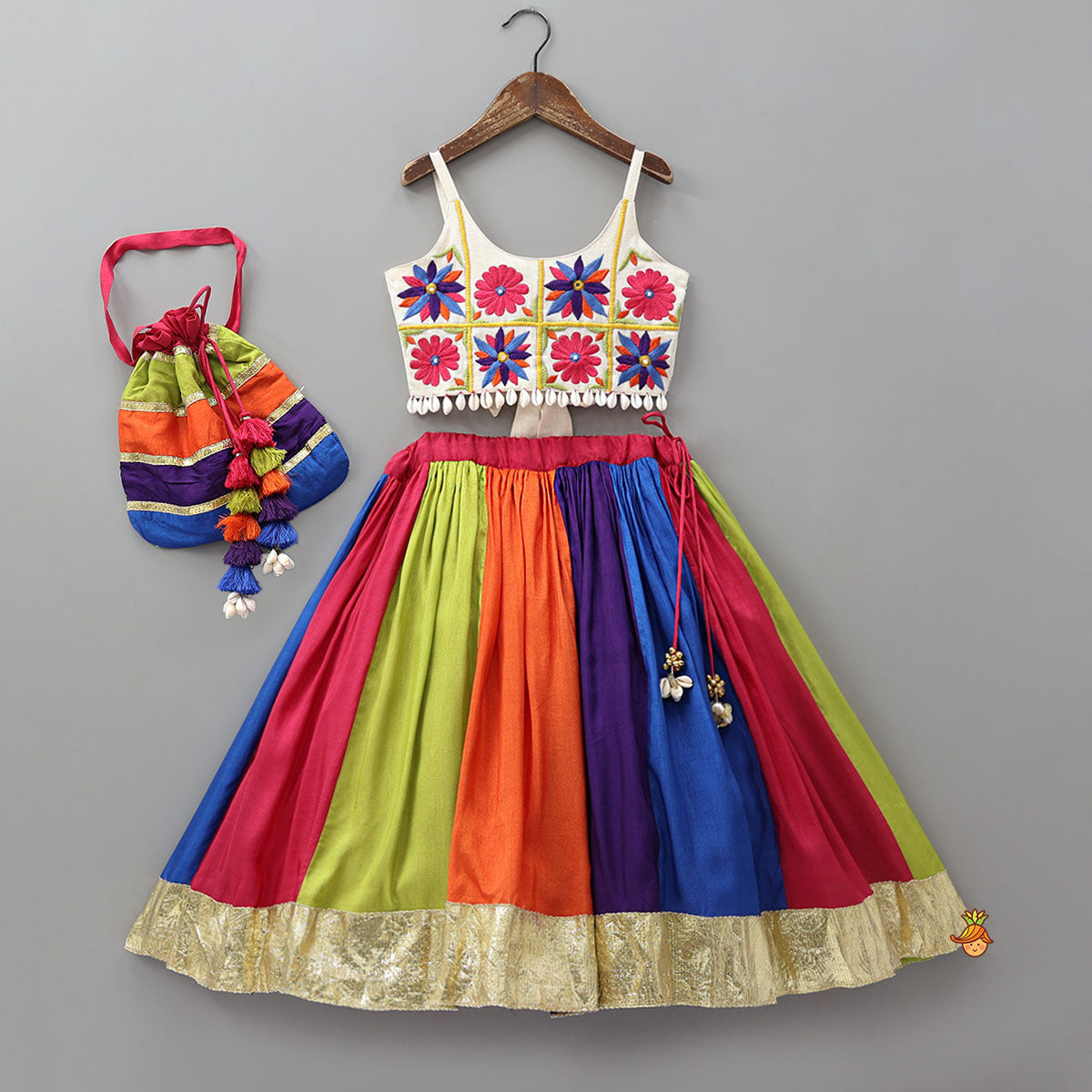 Floral Embroidered Top With Flared Panelled Lehenga And Potli Bag