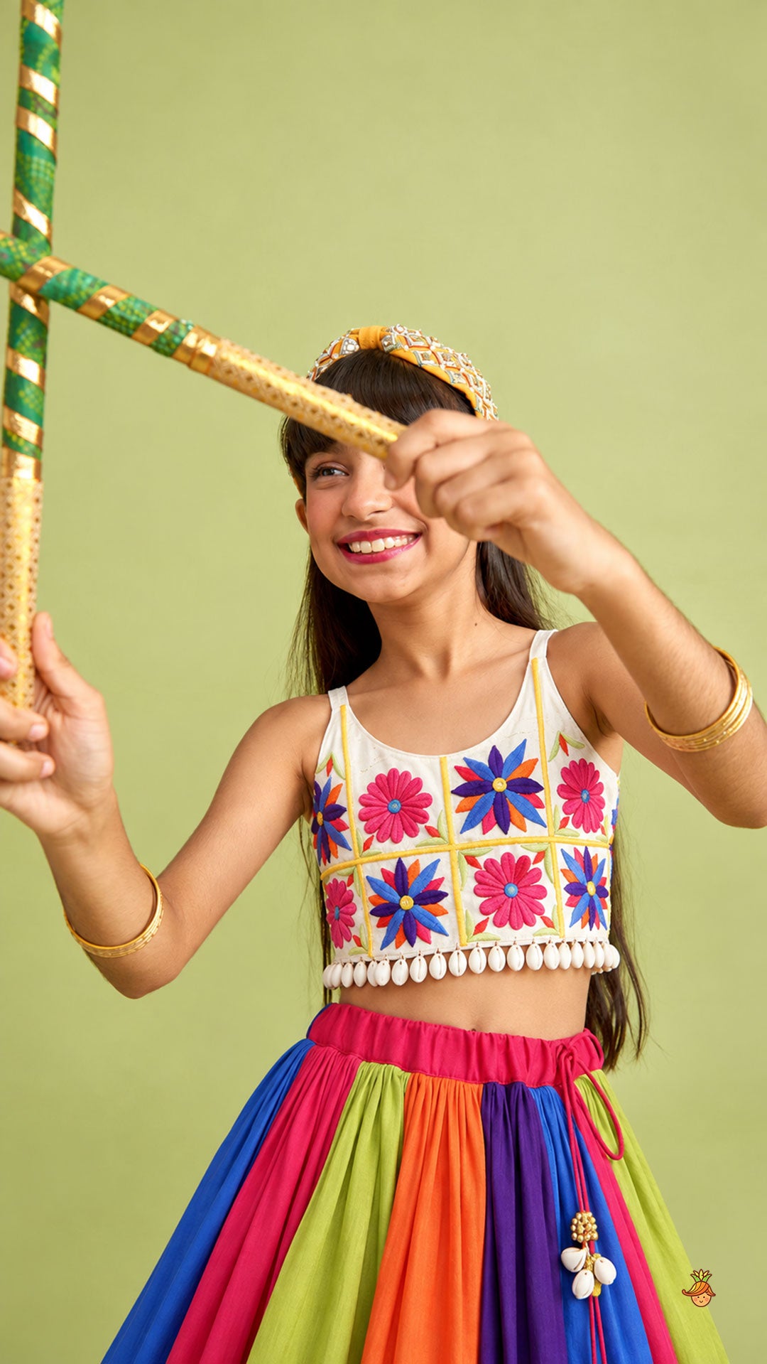 Floral Embroidered Top With Flared Panelled Lehenga And Potli Bag