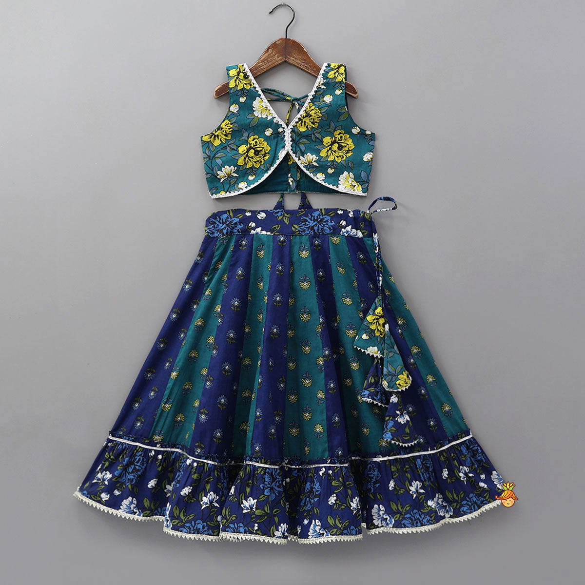 Floral Printed Stylish Top With Panelled Flared Lehenga And Dupatta