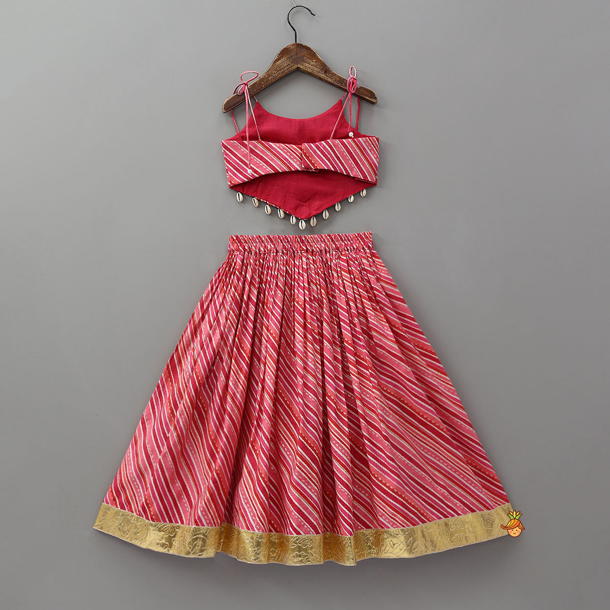 Geometric Mirror Embellished Top With Leheriya Printed Lehenga