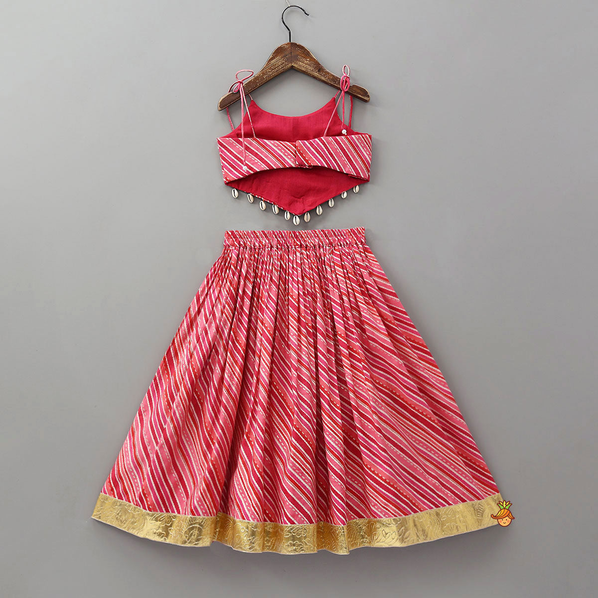Geometric Mirror Embellished Top With Leheriya Printed Lehenga