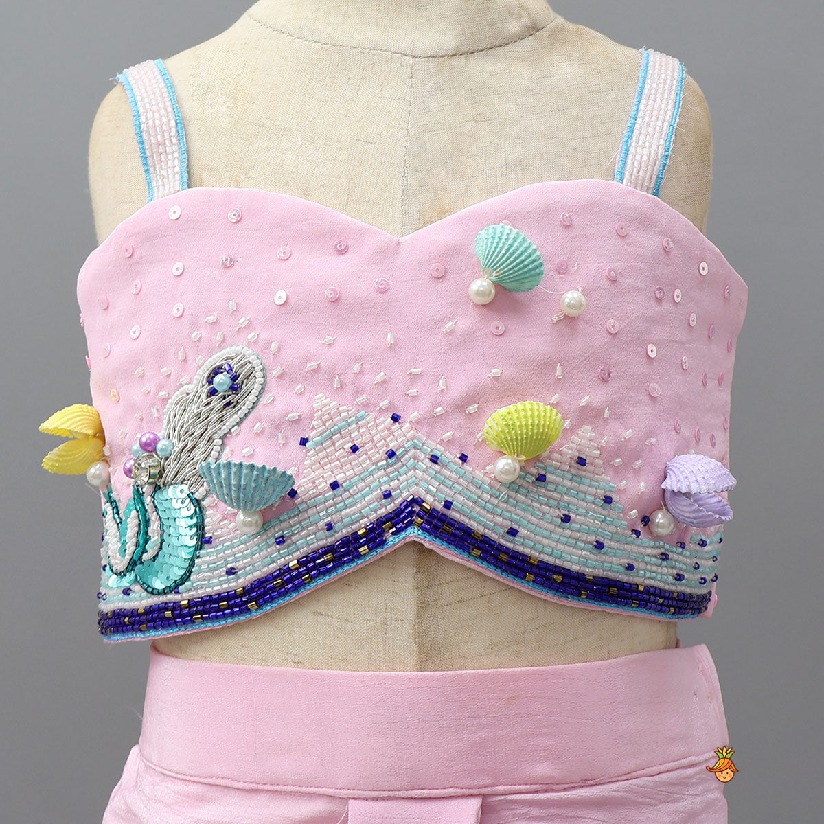 Sea Themed Hand Embellished Strappy Top With Draped Dhoti Skirt